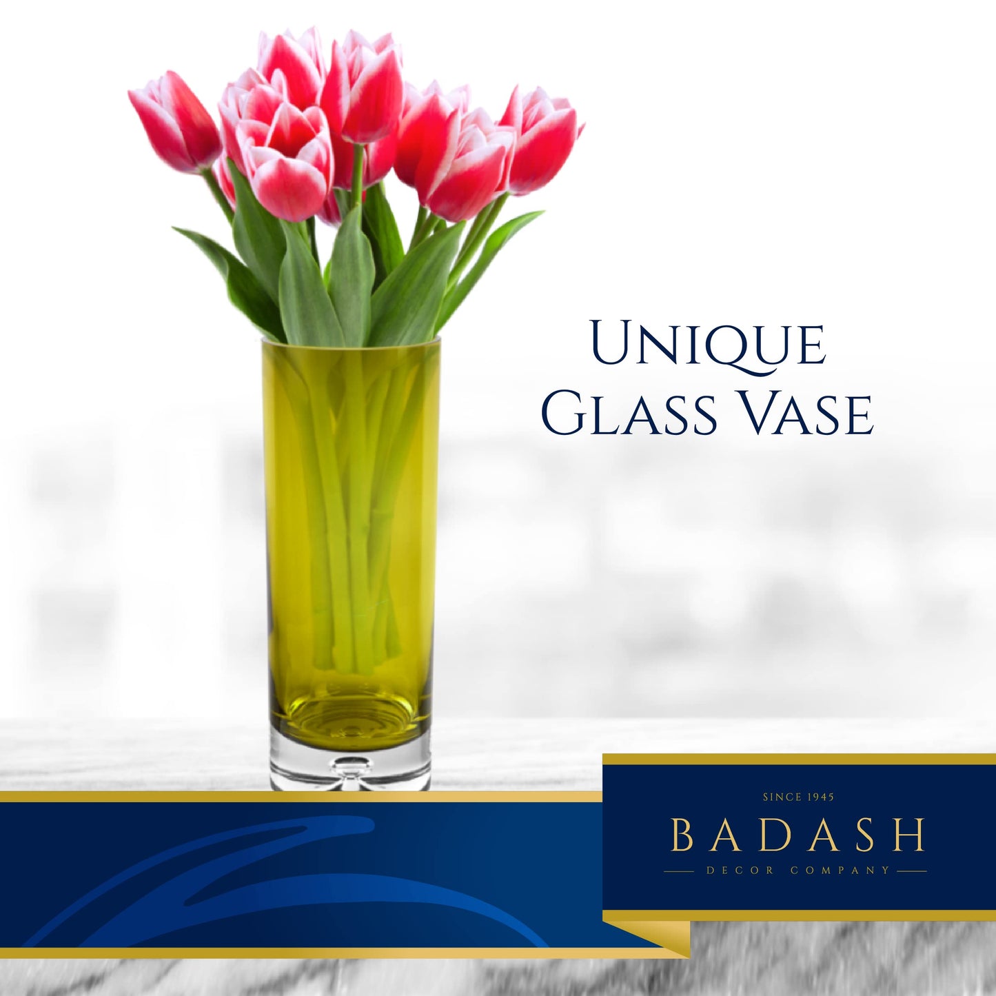 Badash Galaxy Olive Green Glass Vase - Glass Cylinder Vases for Centerpieces - European Glass Vases for Flowers - 12” Mouth-Blown Glass Vase