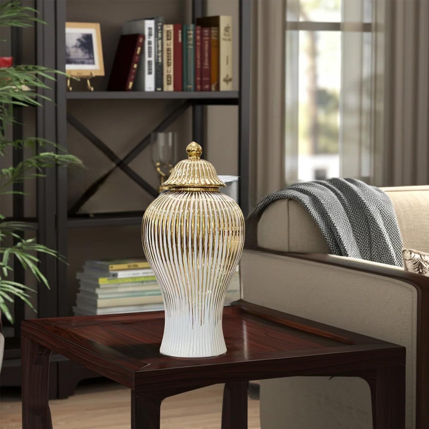Ginger Jar, White Gold Ceramic Vase Large Handmade Porcelain Vases with Lid, White Gold Decorative Flower Vase for Home, Living Room, Weddings, Centerpieces (B-Large)