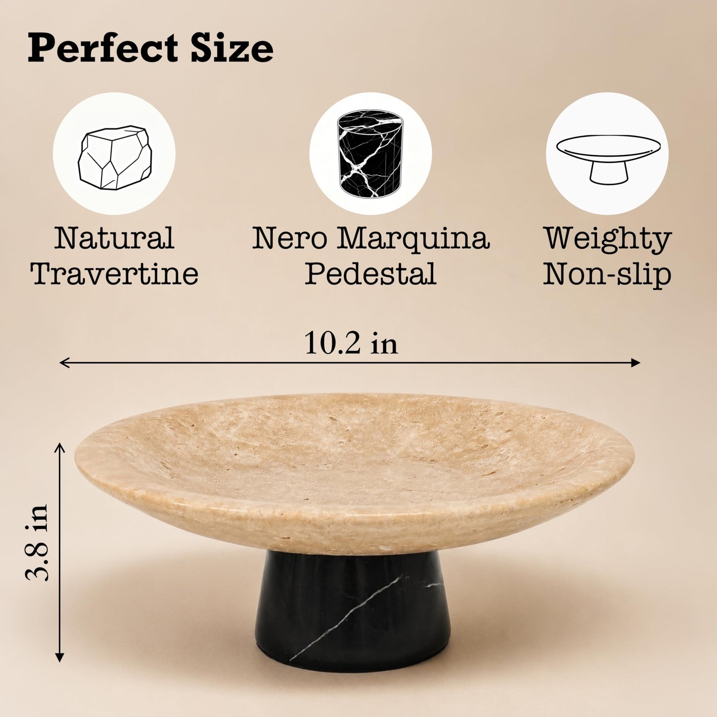 BekPooQ Travertine Decorative Fruit Bowl with Black Marble Pedestal, 10.2" Large Natural Stone Centerpiece Bowl for Kitchen Counter, Dining Table & Entryway Decor