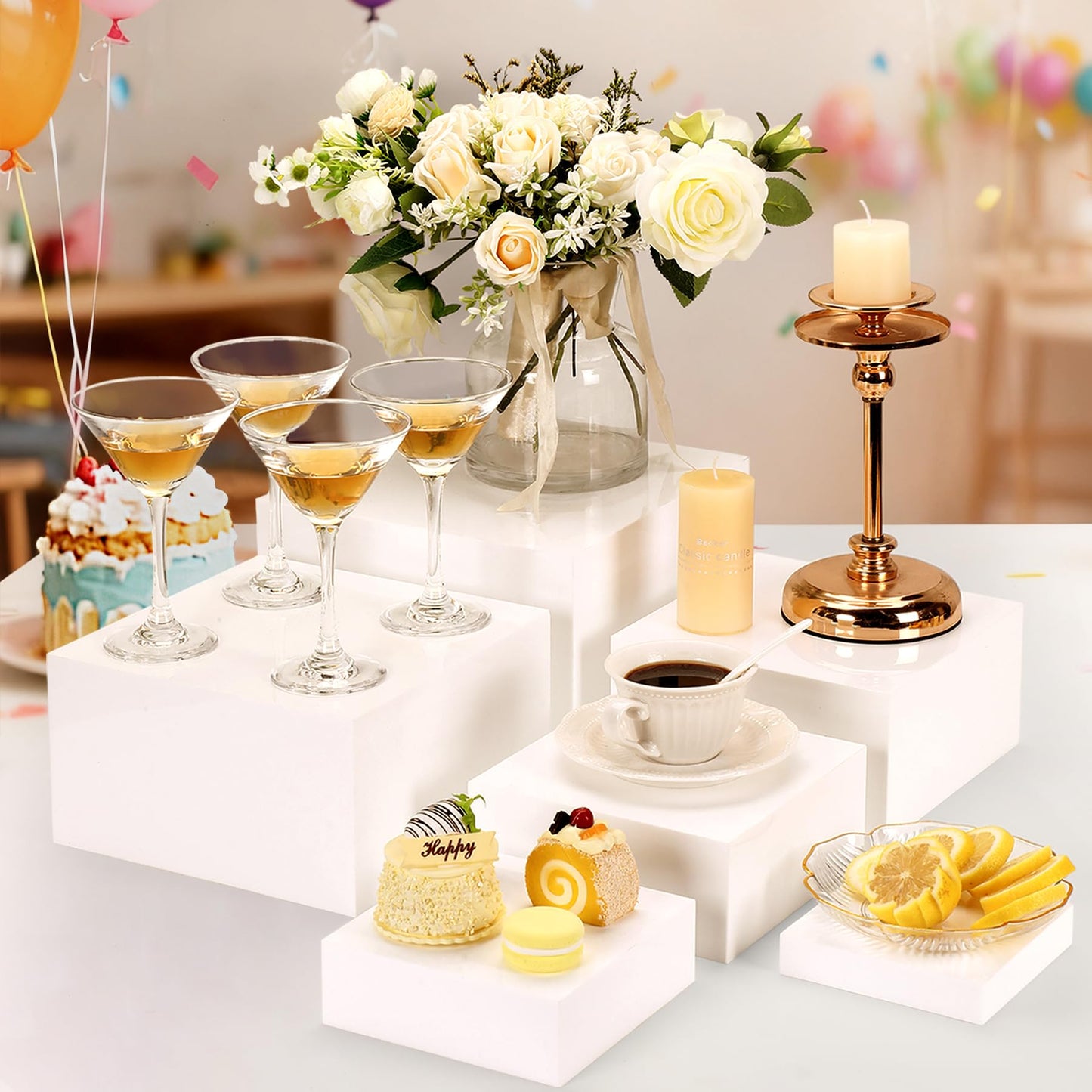 Acrylic Buffet Risers and Stands, Food Risers for Buffet Table, Food Display Stands for Party Catering Dessert Collectibles, White Acrylic Cube Nesting Boxes with Hollow Bottoms (White, 5IN-10IN)