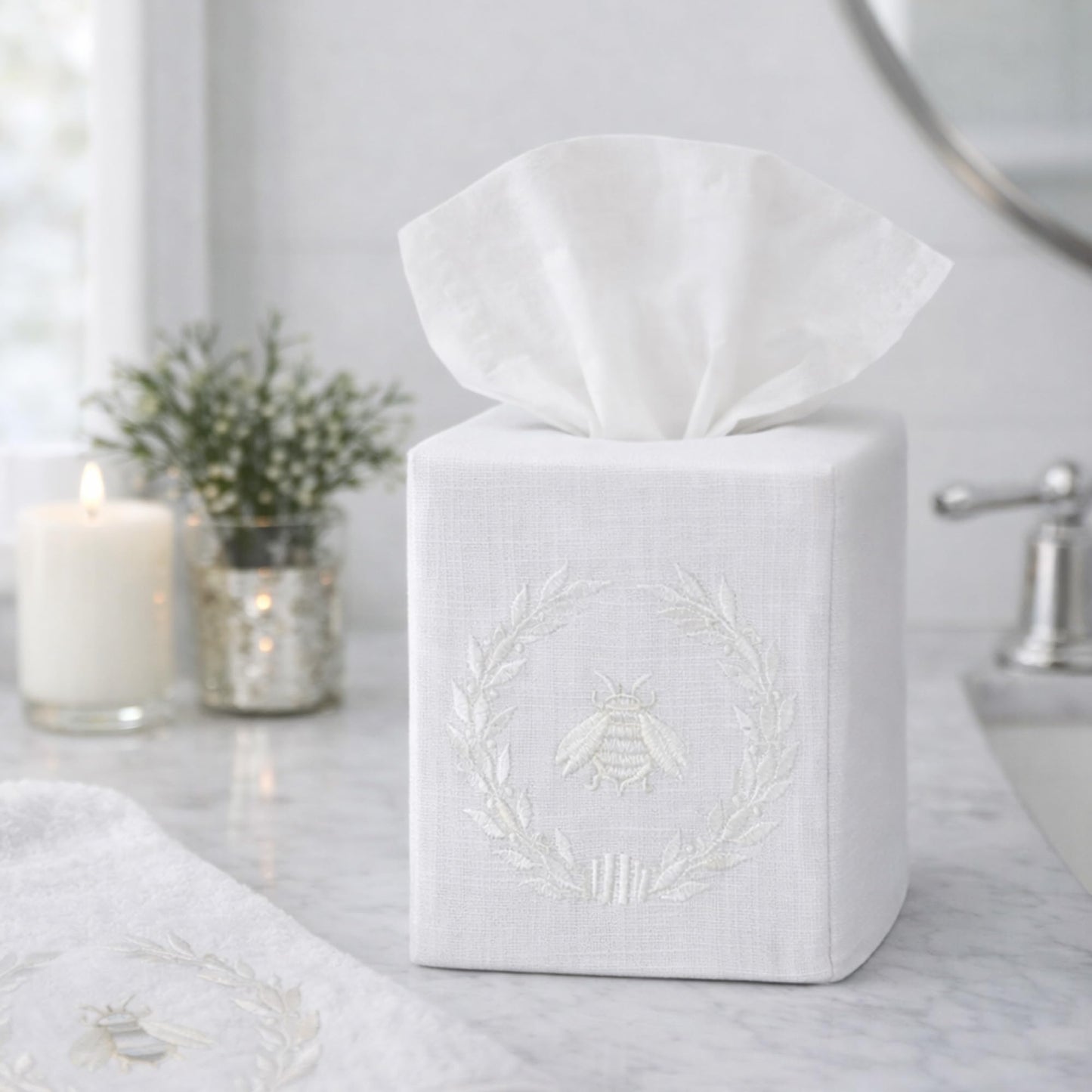 Jacaranda Living Square Tissue Box Cover, Linen/Cotton Fabric Tissue Holder, Decorative Cloth Tissue Cube Cover, Embroidered Bee Designs, Napoleon Bee Wreath (White)