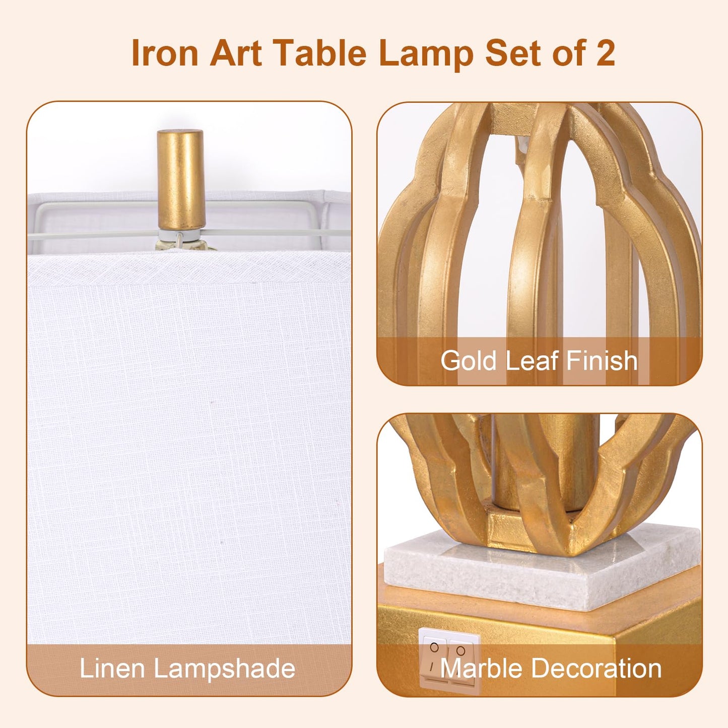 28" Iron Art Table Lamp Set of 2 for Living Room, Modern Gold Leaf Desk Lamps with Nightlight and 2 USB Charging Ports, Farmhouse Bedside Lamp for Bedroom Nightstand, 3 Way Dimmable Bulb Included