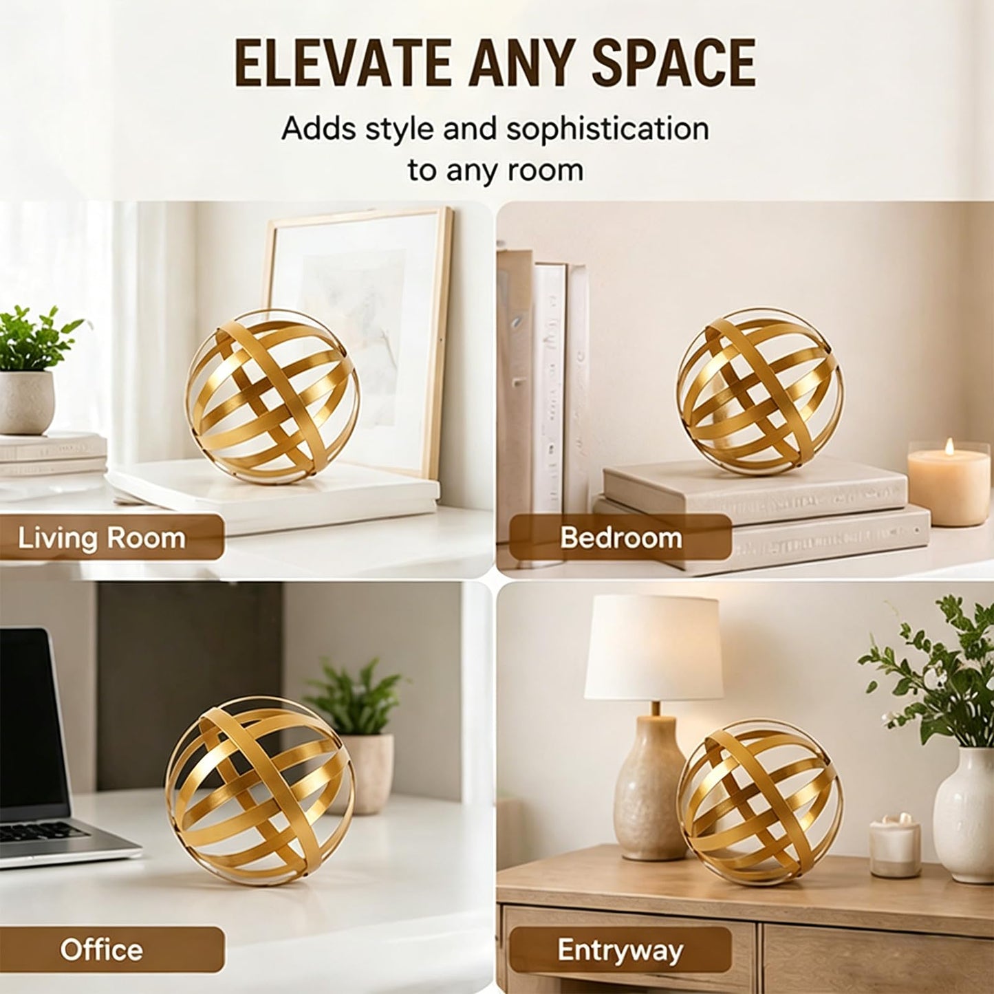 YIYA Gold Decorative Sphere Set of 3 - Metal Ball Decoration - Gold Decor for Shelves - Metal Ball Table Decor for Living Room Bedroom Kitchen Office Coffee Table Desk