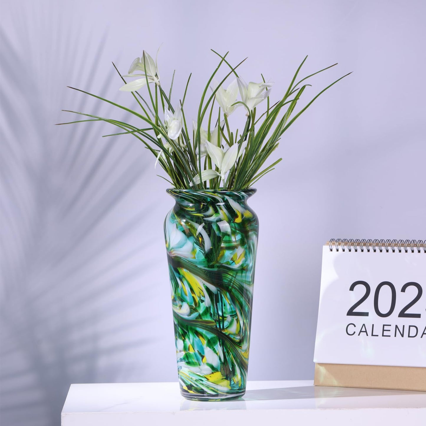 PlivBloom Green Hand Blown Glass Vase – Tall Speckled Decorative Centerpiece in Murano Style for Dining Table, Coffee Table, Mantel, Entryway, or Bookshelf in Coastal or Modern Decor (Green)