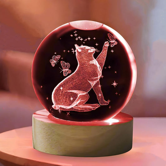 HAKSEIFA 3D Cat Crystal Ball Themed Gifts for Mom Wife Girlfriend Couple Her Cat Lover Gift for Women Birthday Christmas Decorative Glass Ball Decor Night Lamp