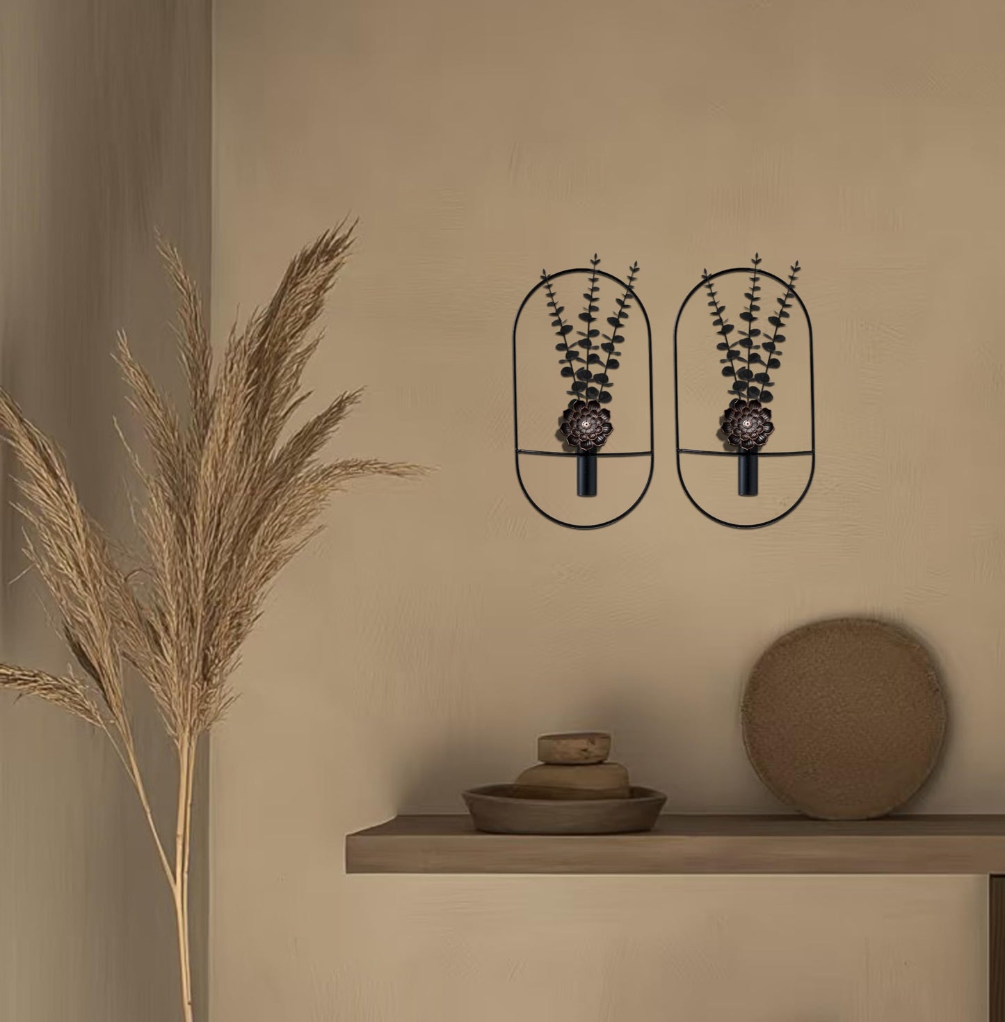 M-dazzling 2 Black Metal Flowers Plants Decor, Boho Wall Art, Hanging Artificial Plants Display for Living Room, Bedroom, Bathroom, Dining Room, Wall-Mounted Decor