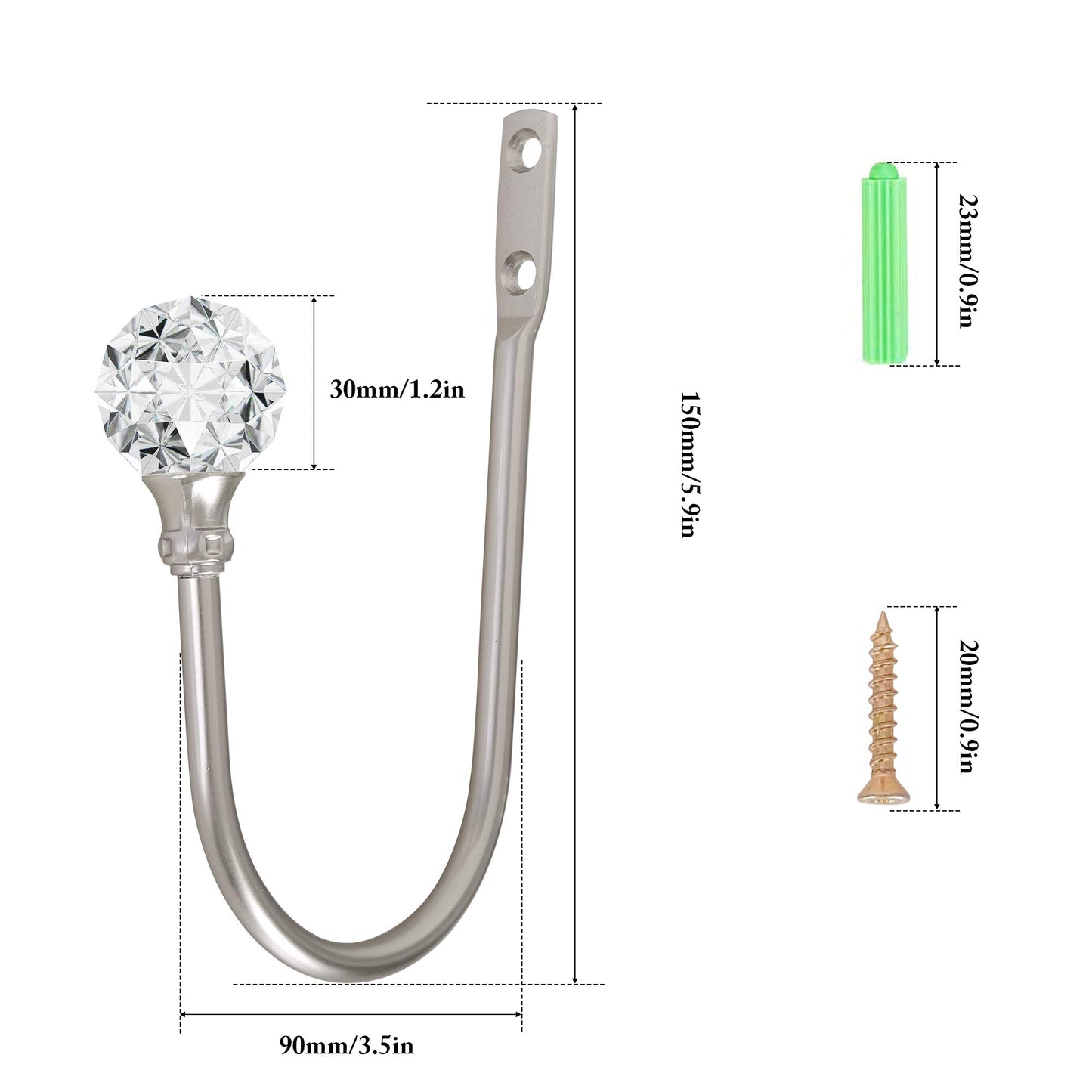Curtain Holdback, 2pcs Wall Mounted Drapery Tiebacks with Clear Crystal Ball, Heavy Duty Metal Decorative Window Drapery Curtain Holder Curtain Hooks with Screws, Sliver