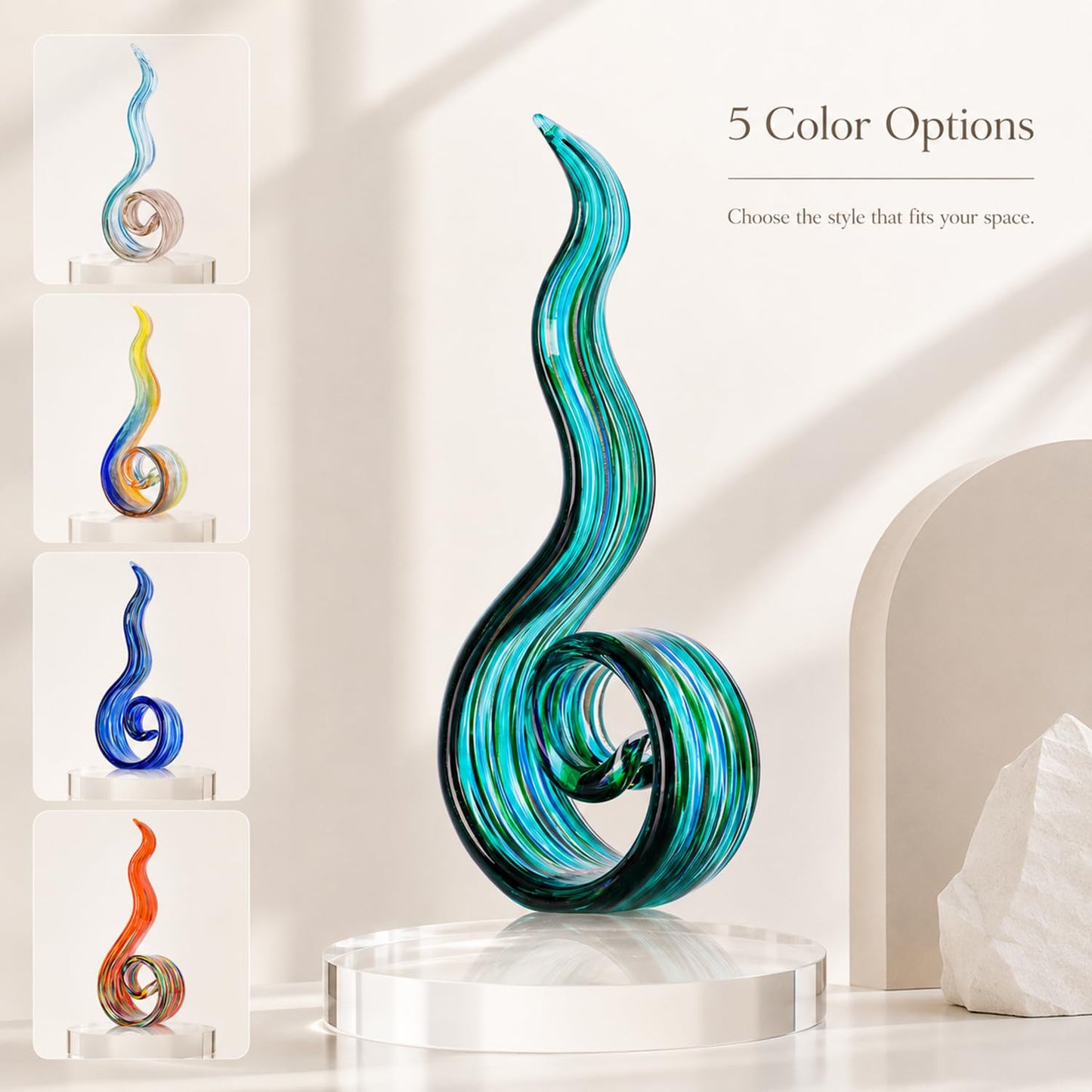 LCCCK 11.4in H Large Table Statue, Teal Hand Blown Glass Sculptures for Coastal Home Decor, Abstract Wave Statue and Tabletop Centerpiece for Entryway Shelf Mantel Office Display, Modern Art Accent