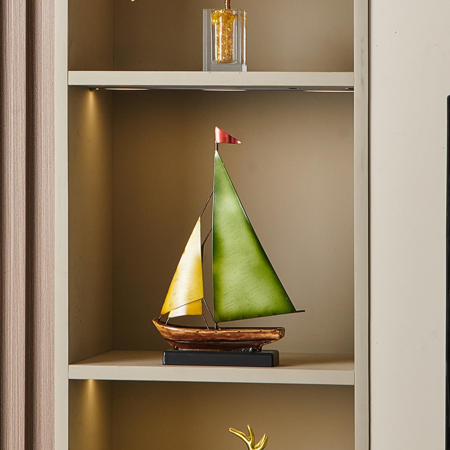 Octdays Metal Sailboat Sculpture, Modern Iron Boat Statue Home Decor for Living Room Bedroom Office Entryway Fireplace, Handmade Nautical Art Ornament (Yellow and Green Sailboat)