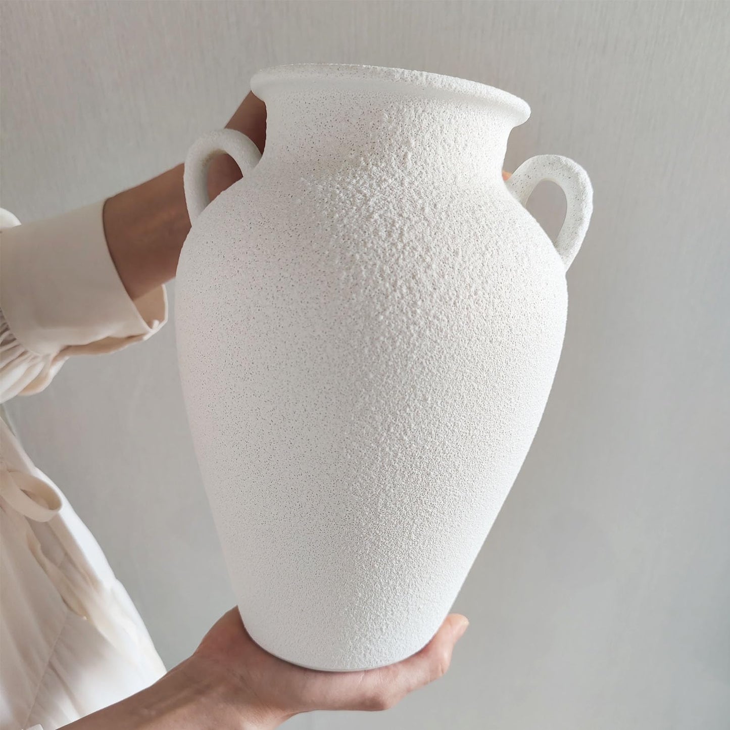 White Ceramic Pottery Barn Vase with Handles - 10" Large Decorative Terracotta Vase for Pampas Grass, Rustic Farmhouse Boho Vases for Home Decor, Living Room, Mantel, Table, Shelf