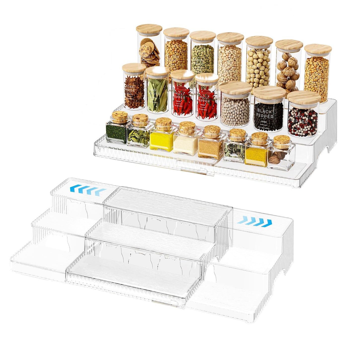 MSHOMELY 3-Tier Expandable Clear Spice Rack Organizer 2 Pack Adjustable Tiered Seasoning Shelf with Non-Slip Textured Surface, Multi-Purpose Cabinet Organizer for Kitchen Pantry Countertop Vanity