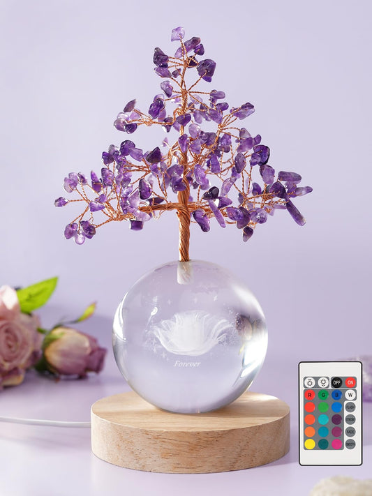 FOLKOR LIFE Amethyst Crystal Tree of Life for Positive Energy, Chakra Healing Tree with Remote Control Multicolor Night Light for Office, Desk Decor, Purple Graduation Gift for Women, Girls (Rose)