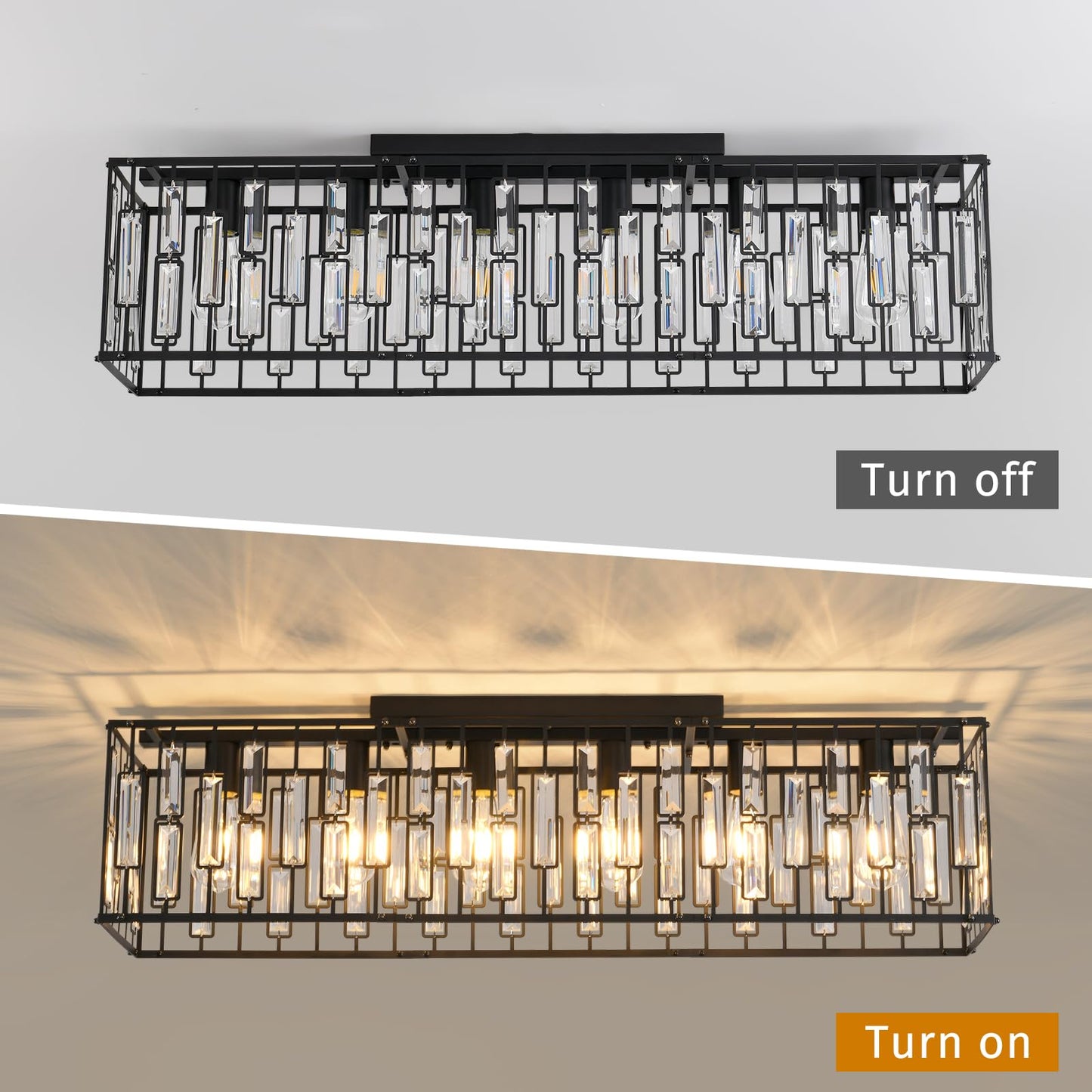 Garwarm 38.7 inch Modern Ceiling Light,6-Light Crystal Chandelier Black Rectangle Chandeliers, Dining Room Light Fixture Flush Mount for Living Room Kitchen Island Bar