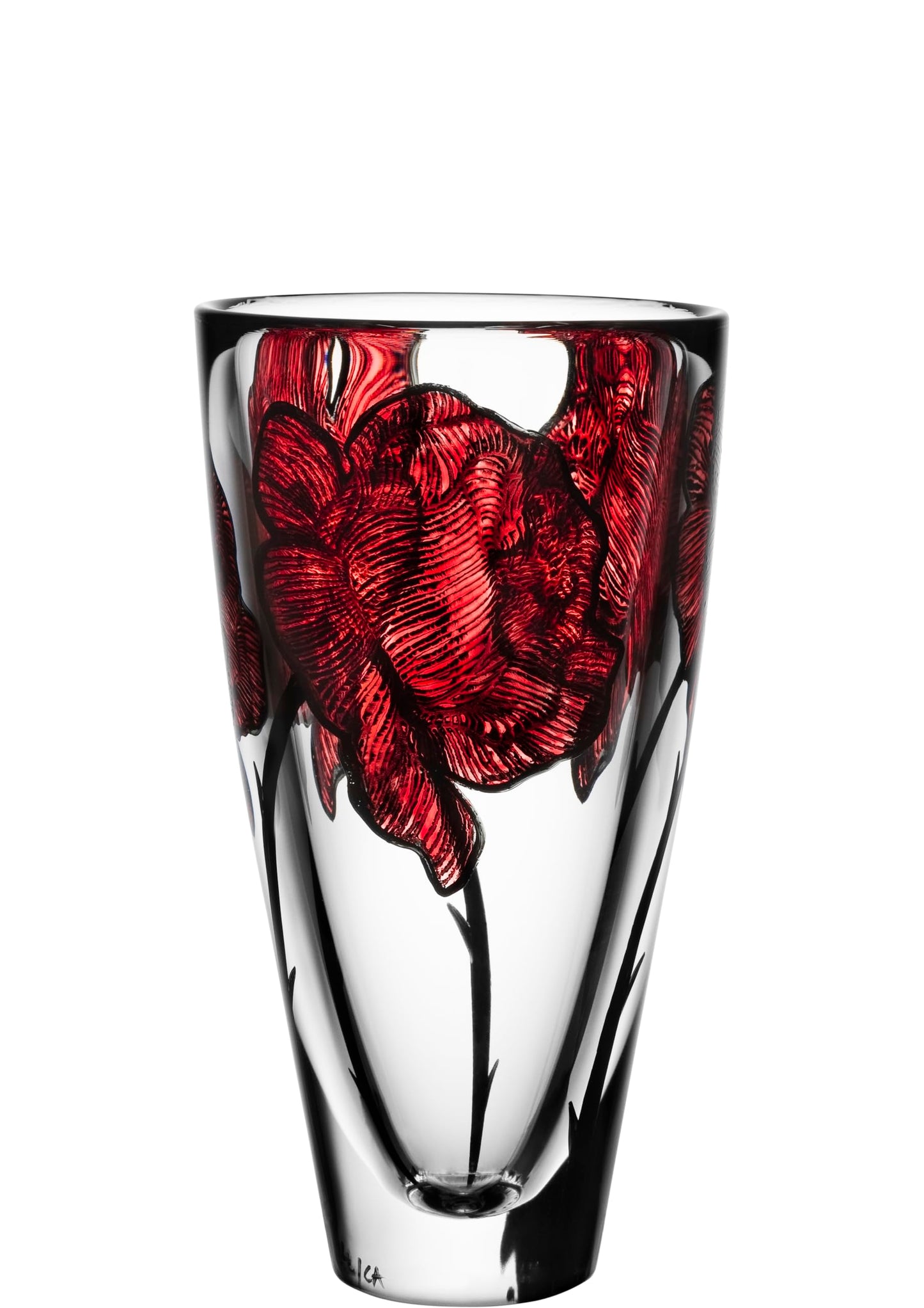 Kosta Boda 10" Tattoo Vase, Hand-Painted Glass - Rose Tattoo Inspired, Home & Office Decor - Table Centerpiece, Versatile Container for Florals, Red/Clear