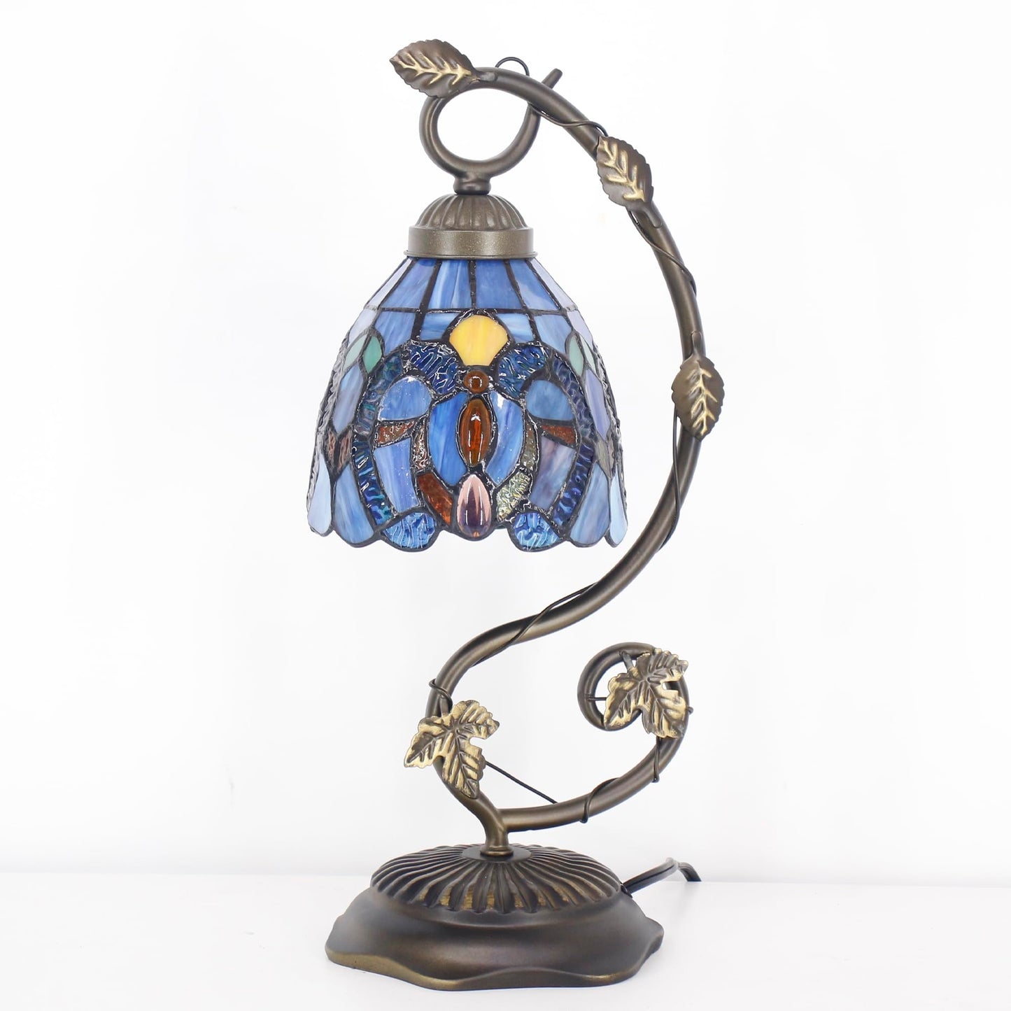 ANYONGLU Tiffany Stained Glass Reading Desk lamp Blue Purple Accent Style Bedside Metal Leaf Base 6X8X17 inch Bedroom Home Office Decoration