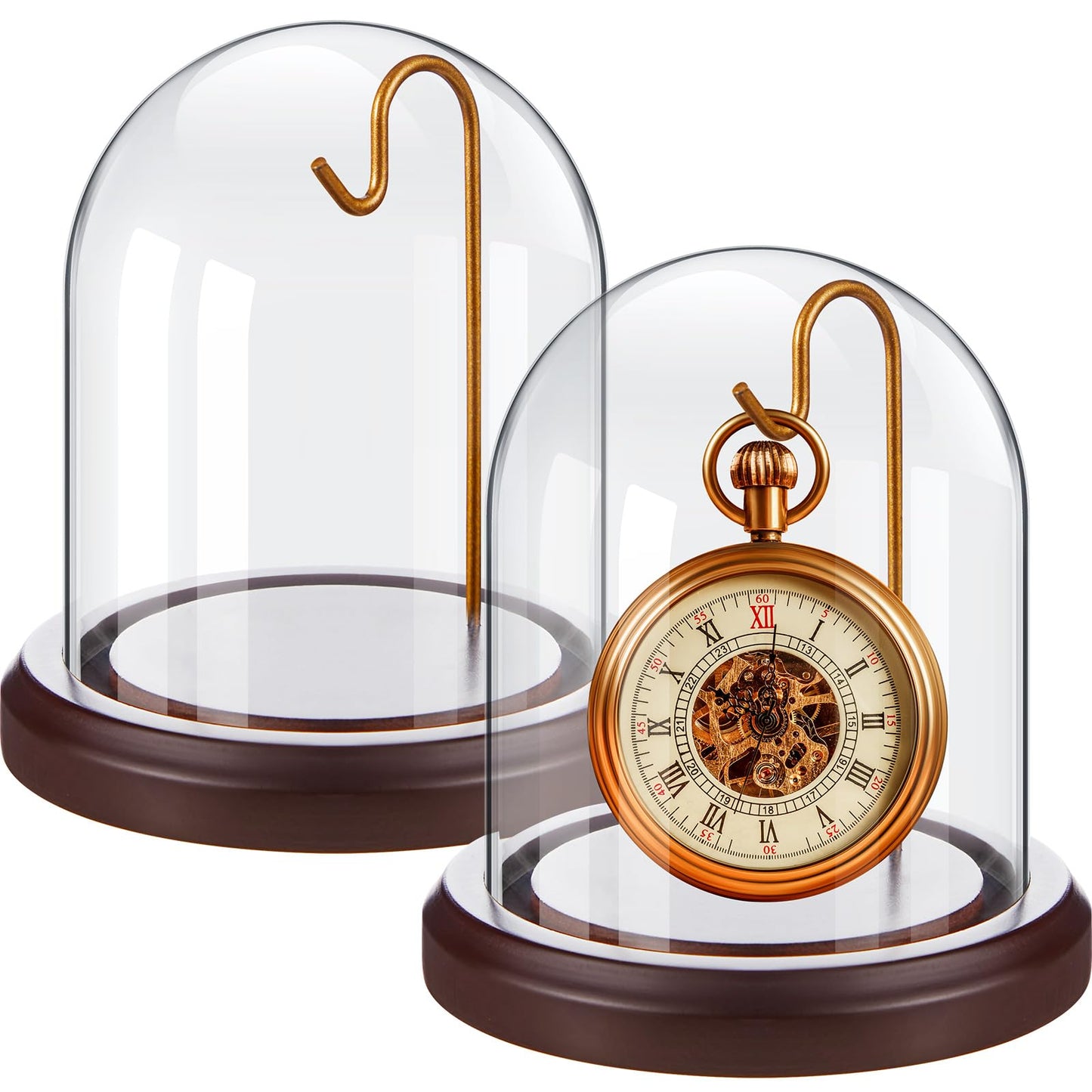 Beeveer 2 Pcs Glass Display Dome, Clear Cloche for Pocket Watch with Wood Base and Hooks, and Display Case for Watch, Medals, Collectibles(Reddish Brown,3" X 4",Dome Style)