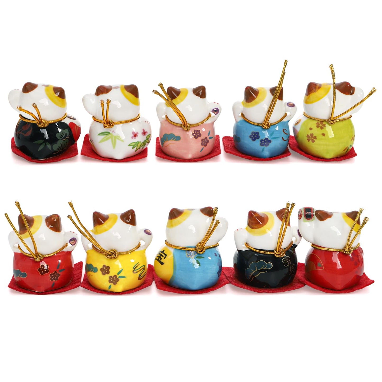 Elsjoy Set of 10 Mini Maneki Neko Lucky Cat, 2 Inch Ceramic Beckoning Cat Statue Japanese Fortune Cat Figurines for Home Decor, Gift