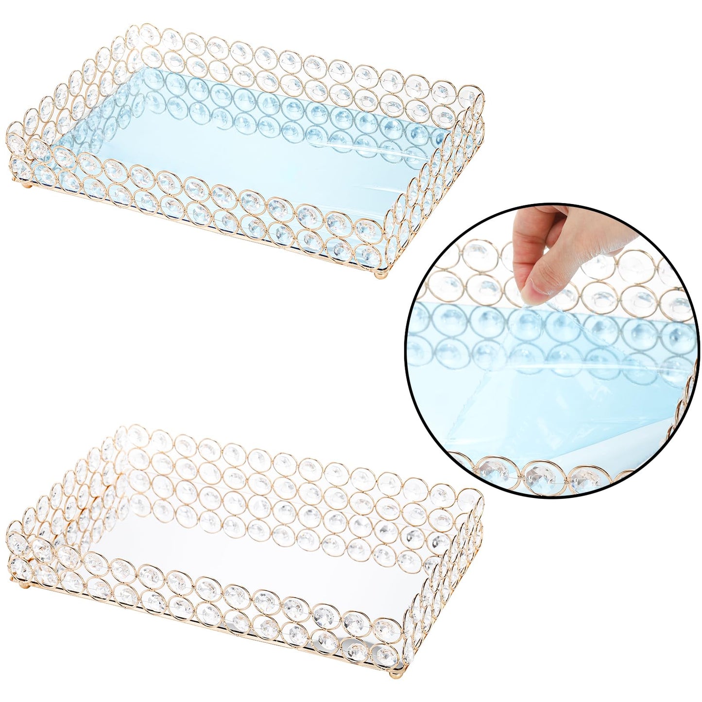Hedume Crystal Vanity Tray, 12.3" x 8" Mirrored Cosmetic Makeup Tray, Large Jewelry Trinket Organizer Tray, Ornate Decorative Tray for Dresser Countertop Wedding Home Bathroom