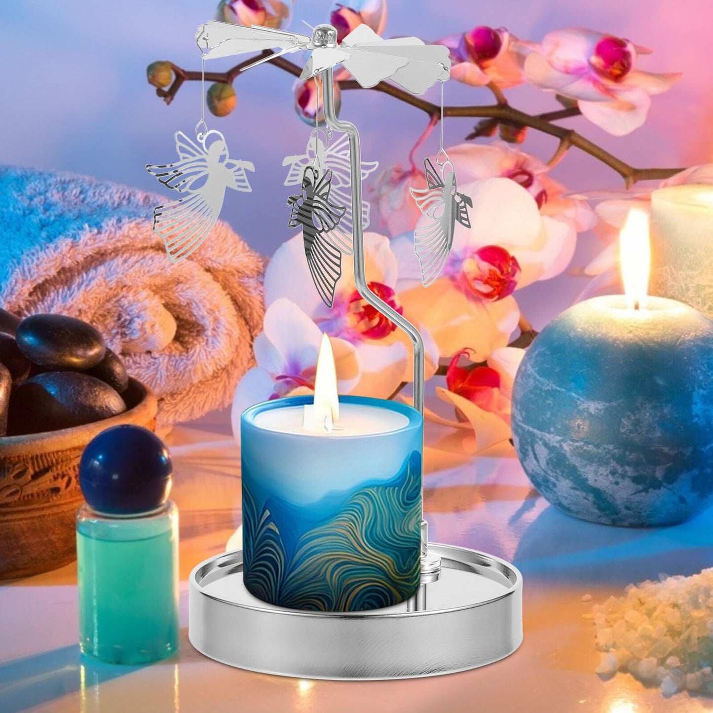 HOLIDYOYO Rotating Aromatherapy Candle Holder with Magnetic Base and Stainless Steel Tray 8.66 Inch Tealight Candle Holder for Home Decoration Parties Weddings