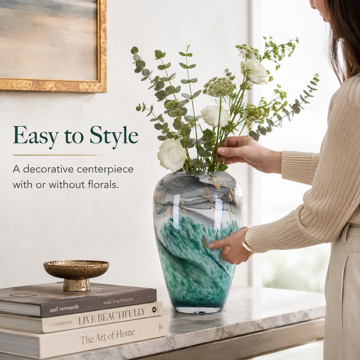 Hand Blown Glass Vase,Green Black Ink Wash Landscape Centerpiece,New Chinese Luxury Home Accent,Pampas Grass Centerpiece, Minimalist Decorative Vase for Dining Table Kitchen Tabletop (Green, Small)