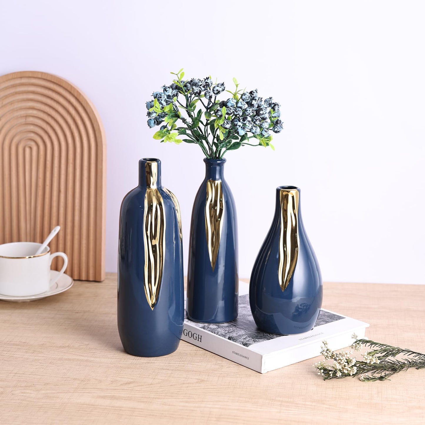 Blue and Gold Ceramic Vase Set of 3, Ceramic Vase Set for Decorative, Blue and Gold Single Stem Vases for Centerpieces Nightstand Kitchen, Boho Farmhouse Home Decoration