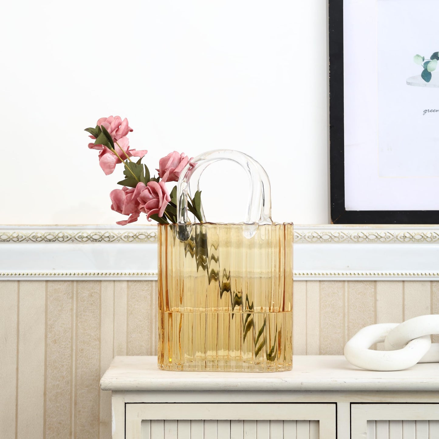 PORPAN Purse Vase, Glass Bag Vase, Glass Purse Vase for Flowers, Amber Glass Vase, 11.2 Inch Large Glass Flower Vases, Ribbed Vases for Wedding, Living Room, Bedroom, Table, Office