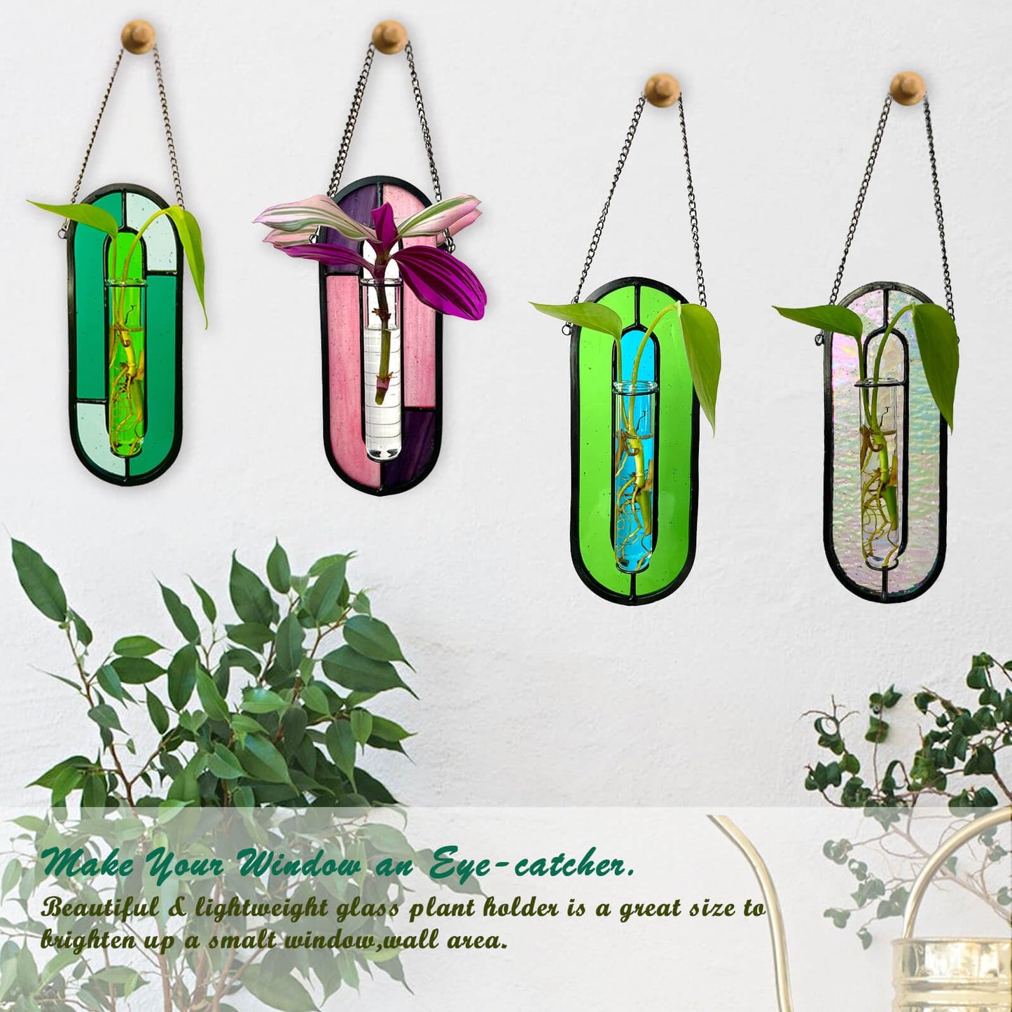 LITMIND Iridescent Stained Glass Plant Propagation Station - Vibrant Hanging Hydroponic Planter Terrarium with 2 Glass Tubes - Perfect for Home & Garden Décor