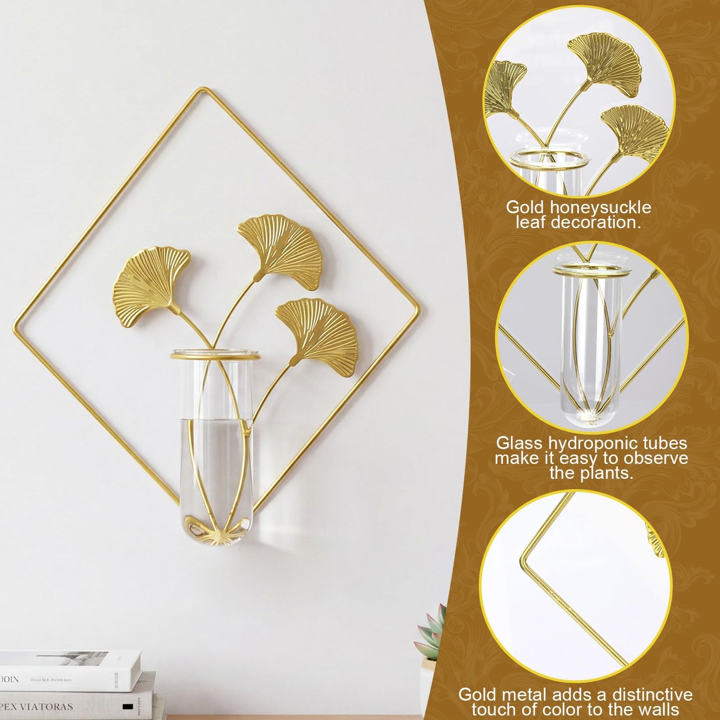 Romooa 6 Pieces Gold Wall Decor Hanging Planters for Hydroponics Plant, Metal Vase Indoor Plants Holder Modern Geometric Wall Art for Home Bathroom Bedroom Living Room Office(Plants Not Included)