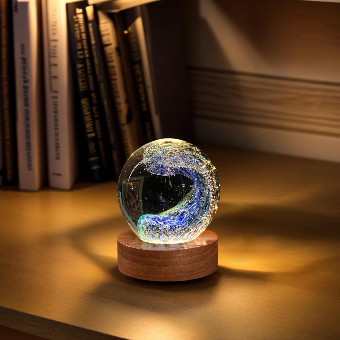 LOULIQIGIFT Hand Blown Glass Ocean Waves Ball 2.36in Crystal Ball with Wooden Light Base Sea Glass Art Beach Decor for Home Office Gifts for Ocean Lovers