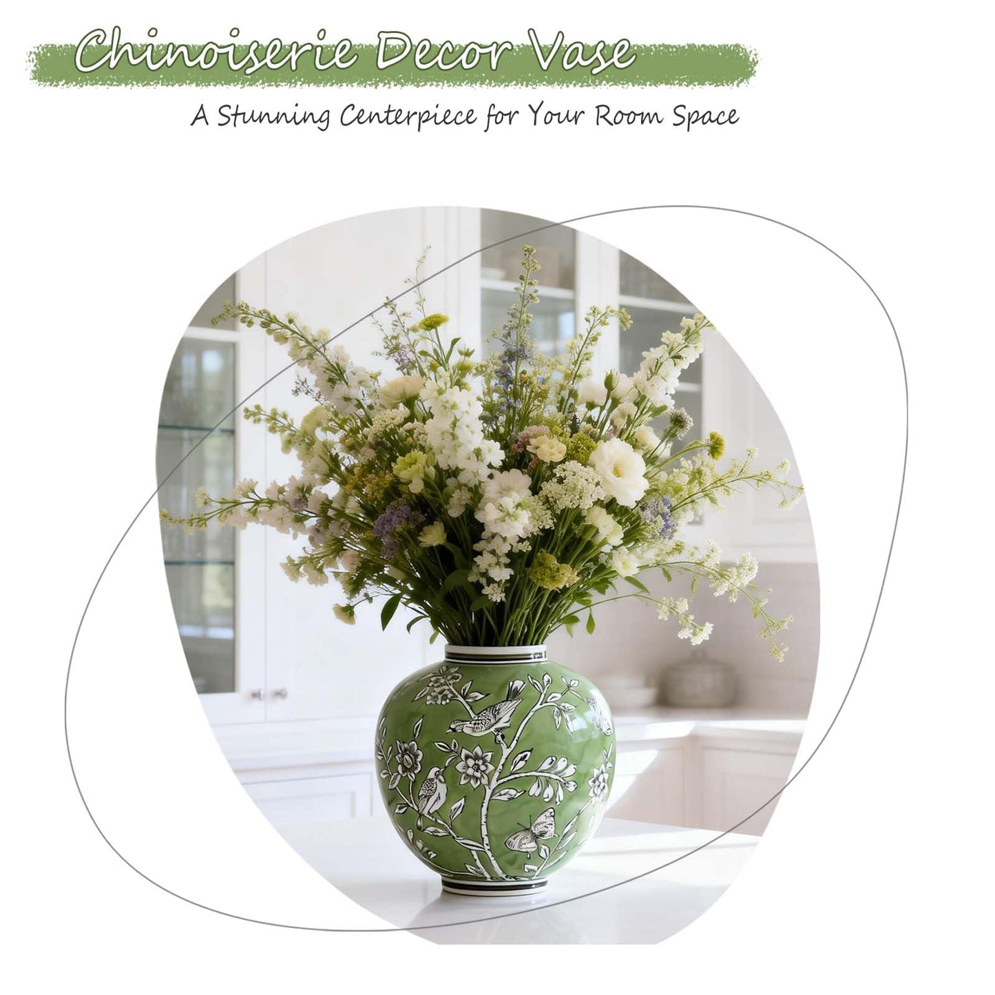 Large Ceramic Vase, 10.8 Inch Green Decorative Vases for Living Room, Hand-Painted Chinoiserie Decor Round Vase with Antique Floral-Bird Pattern, Porcelain Vase for Flowers Arrangement
