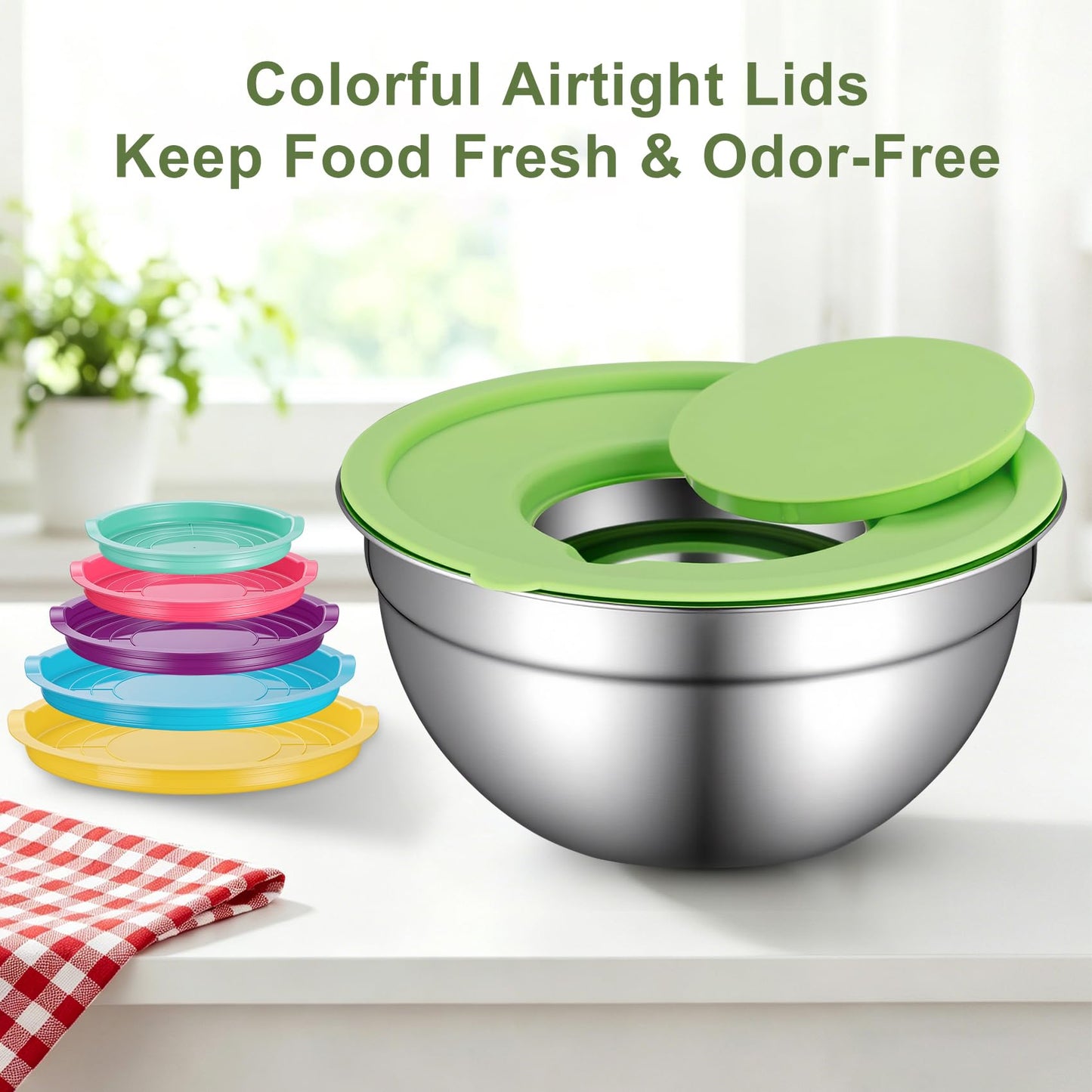 Xyingshine Stainless Steel Mixing Bowls with Lids, 6-Size Nesting Set 0.7-4 QT, 3 Grater Inserts for Meal Prep, Baking, Serving & Storage