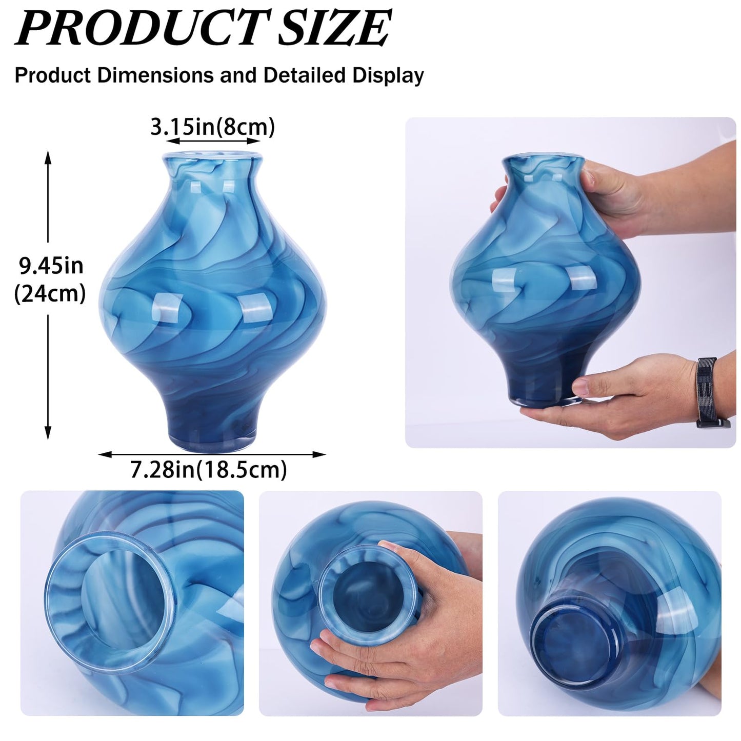 9.45" H Blue Glass Vase, Hand Blown Glass Vase with Marble Veins, 3.15in Wide Mouth Curved Hourglass Vase, Table Vase for Living Room Table Bookshelf, Bathroom Office Shelf Blown Glass Decor