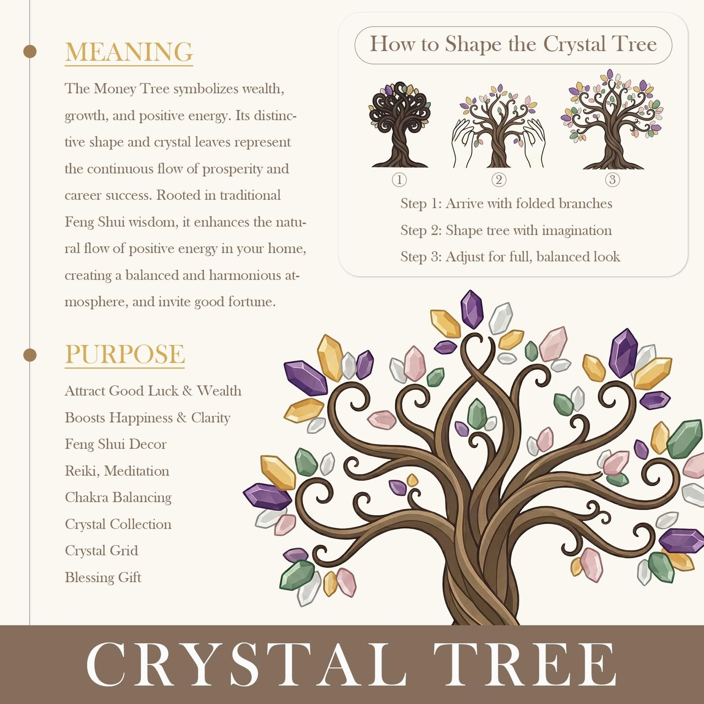 TUMBEELLUWA Reiki Crystal Money Tree with Agate Slice Base Feng Shui Stone Bonsai Tree Figure Decor for Happiness Good Luck and Wealth, Amethyst Stones