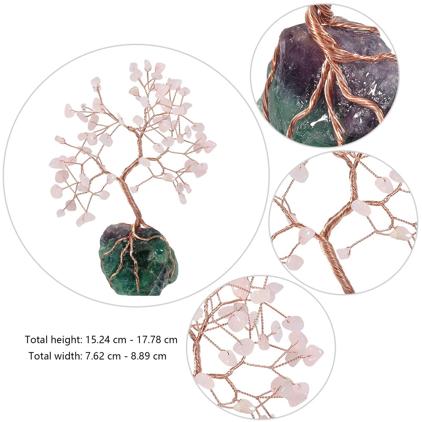 TUMBEELLUWA Natural Crystal Chip Stones Money Tree for Feng Shui Decor, Copper Wire Stone Bonsai Tree Figurine with Irregular Fluorite Stone Base, Rose Quartz