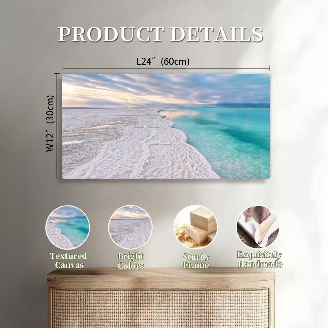 Wibinuki Canvas Wall Art Morning scenery white salt crystals beach clear wer near typical for Living Room Bedroom Bathroom Home Decor Ready to Hang 24"x12"
