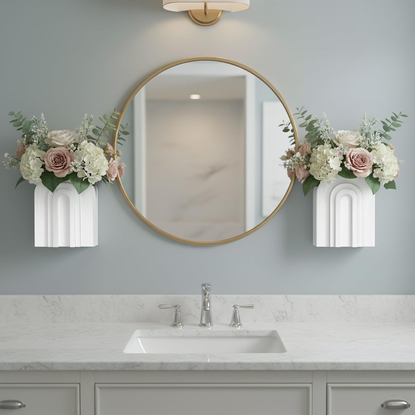 2 Pack White Wooden Wall Vase for Pampas Grass & Dried Flowers, Modern Farmhouse Decor for Bathroom Wall Decor, Rustic Wall Plant