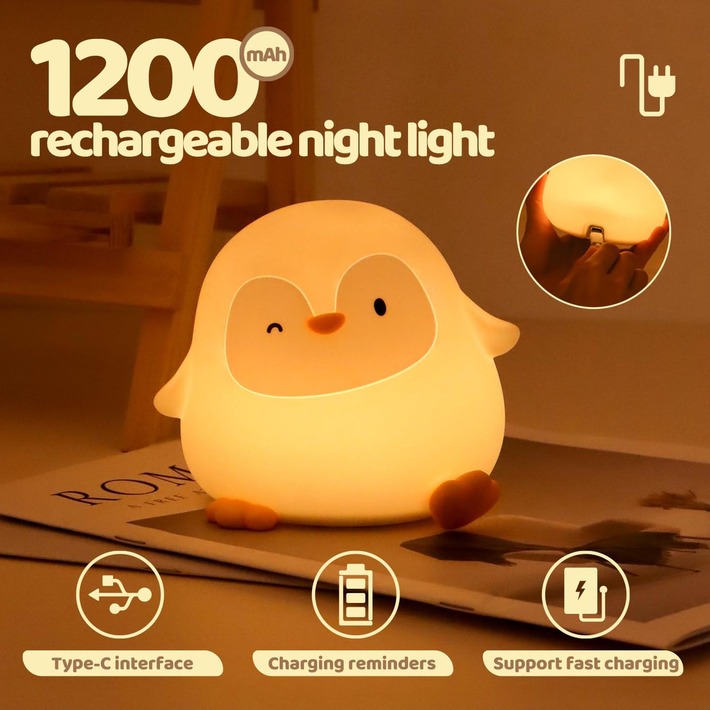 Rytinazzz Silicone Night Light for Kids, 50H Long Battery Penguin Lamp, Gift for Kids, Rechargeable Tap Control, Soft Dimmable Bedside Light with Timer