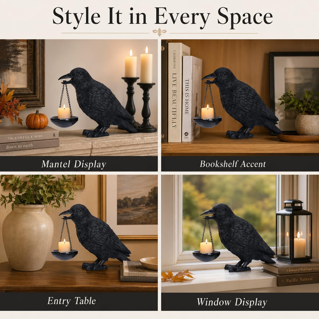 Gothic Crow Lamp with Tealight Candle Holder Raven Statue Halloween Decor Black Bird Decorations Indoor Gothic Home Decor for Living Room Tabletop Shelf Bedroom Unique Goth Witchy Gifts