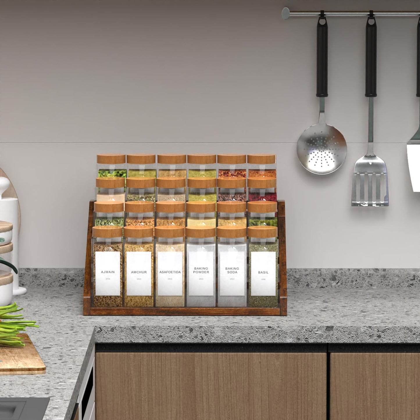 4 Step Spice Rack Organizer for Cabinet, Robust Wooden Display Riser Shelf Seasoning Organizer for Countertop Cupboard Pantry, Condiment Jar Kitchen Storage Holder Super Sturdy Stand, Rusitc Brown