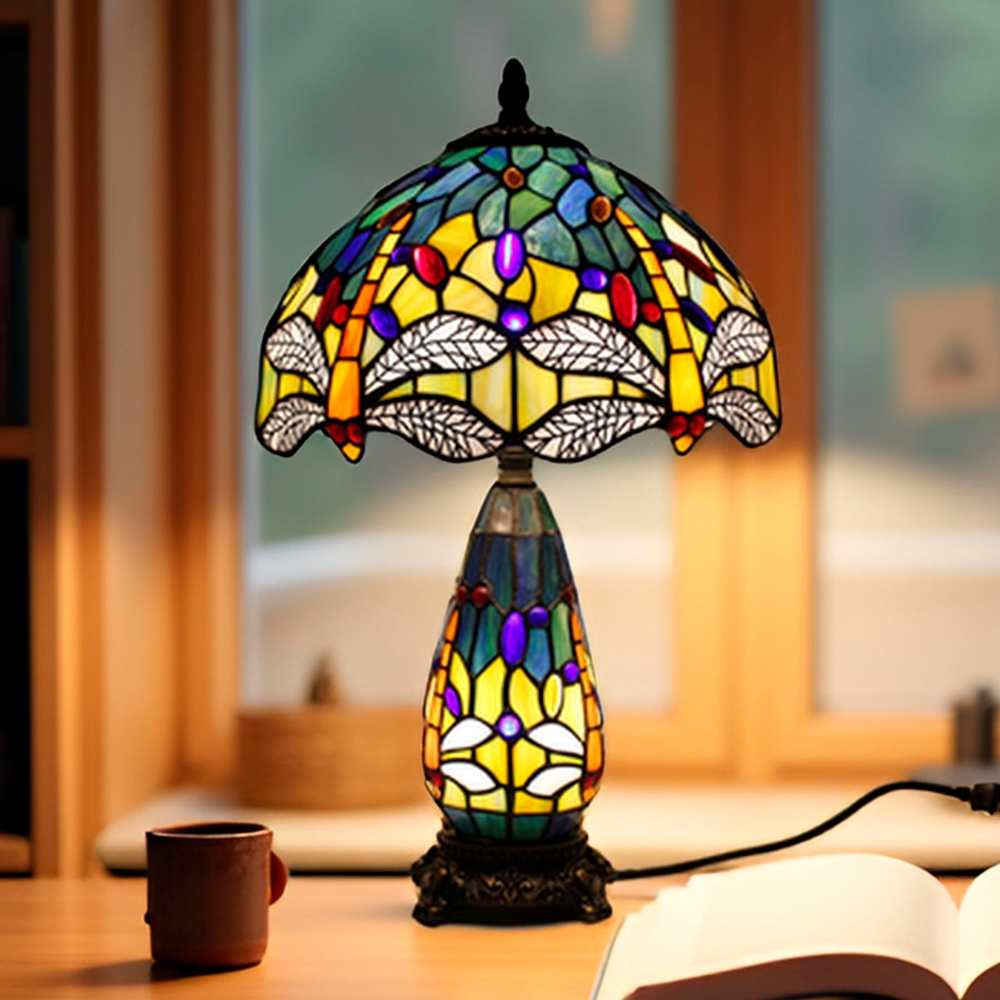 TCODTPOL Tiffany Stained Glass Table Lamp 12X19 Inches Blue Yellow