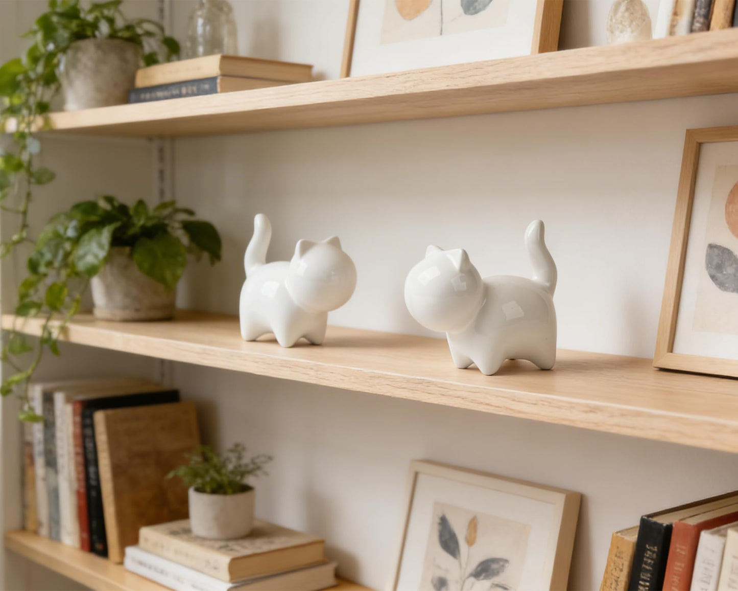 HORTIX 2-Pack Small Ceramic Cat Statues, 3 Inch Cute Kitty Knick Knacks for Home Office Shelf Desk Coffee Table Decoration, Housewarming Gift, White