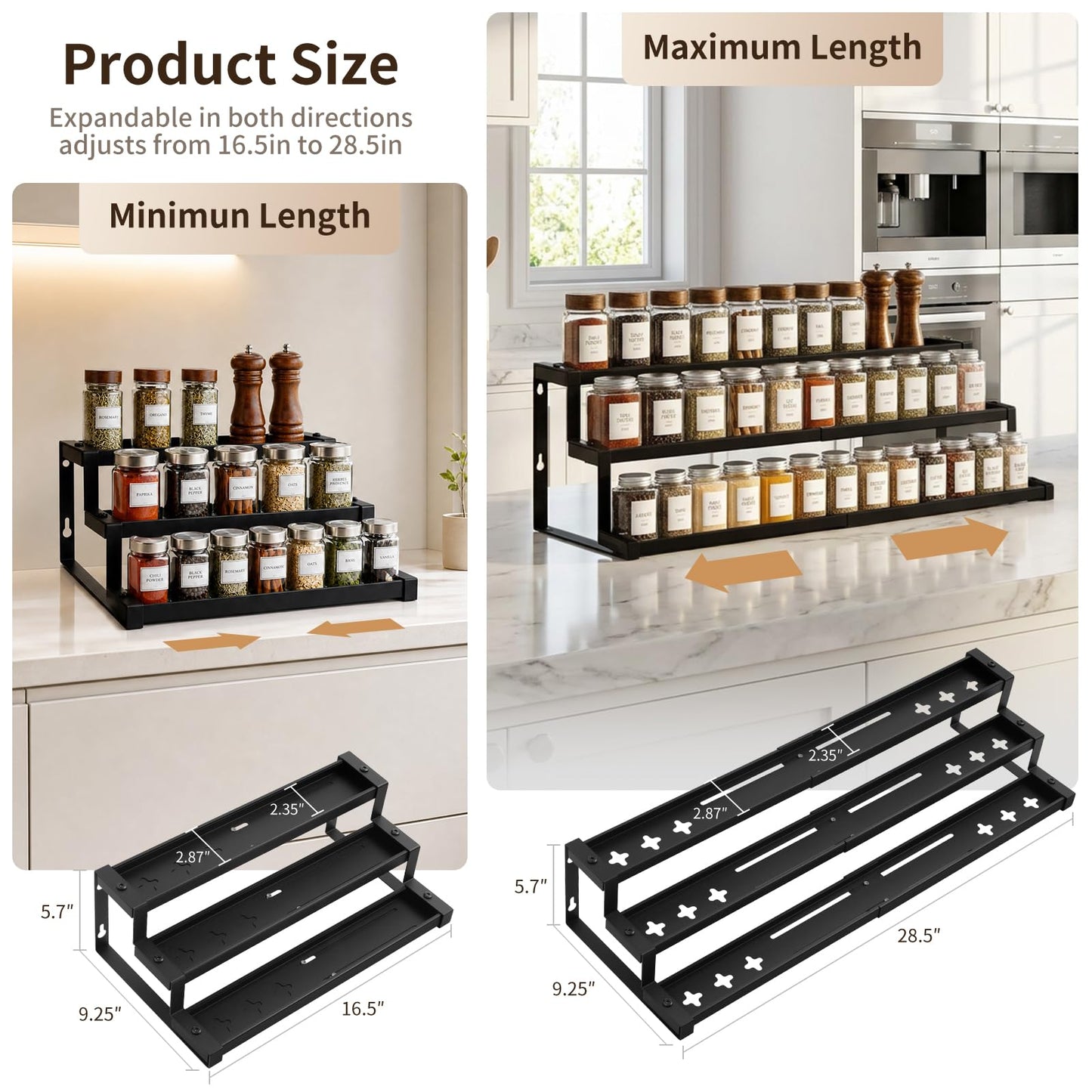 Holismo Expandable Spice Rack Organizer for Cabinet, 3-Tier Adjustable Spice Shelf 16"-29", Seasoning Organizer for Cabinet, Pantry & Countertop, Storage Rack for Jars, Bottles & Cans