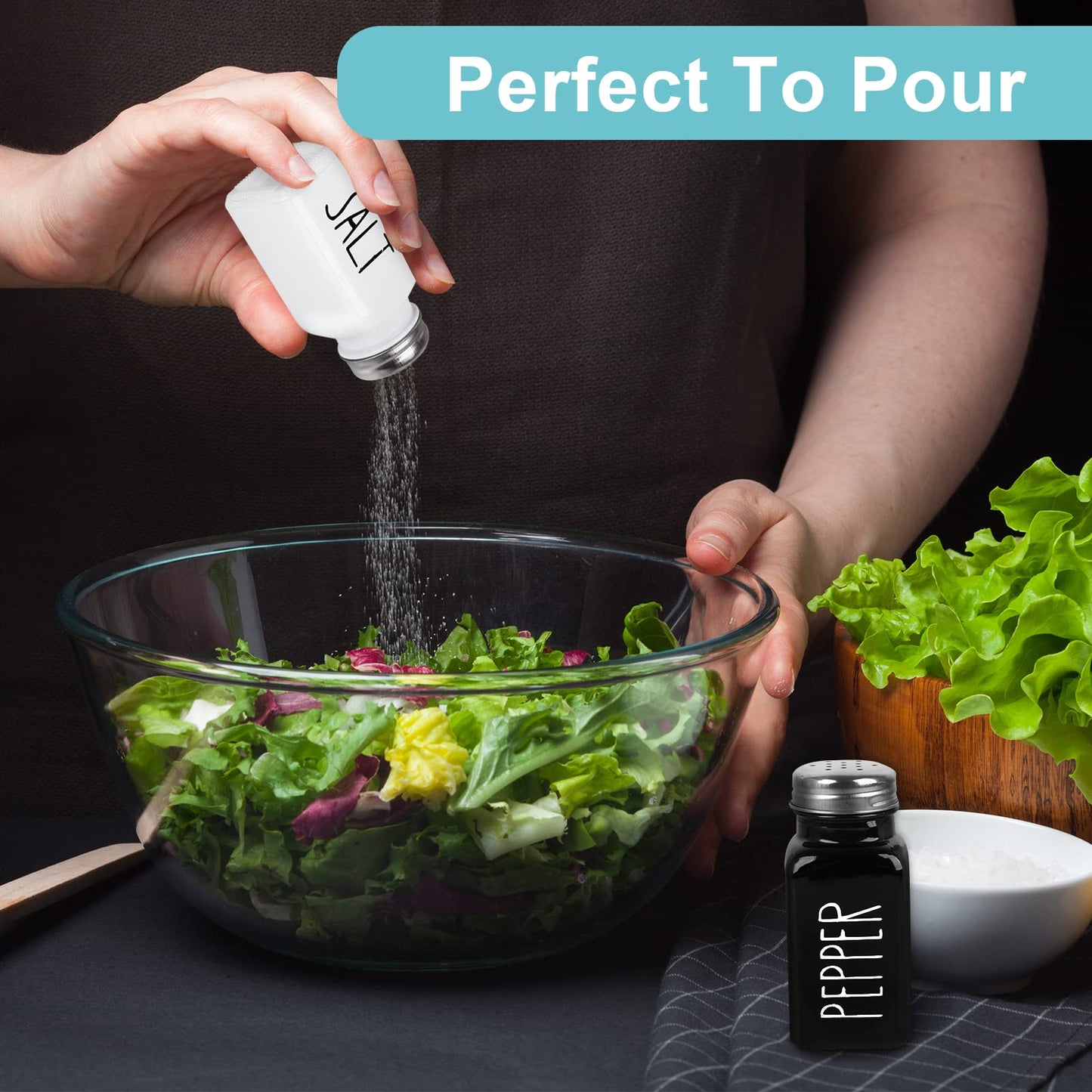 4 Pack Salt and Pepper Shakers Set, Glass Salt Shaker with Stainless Steel Lid, Modern and Cute Farmhouse Salt and Pepper Set (Black and White)