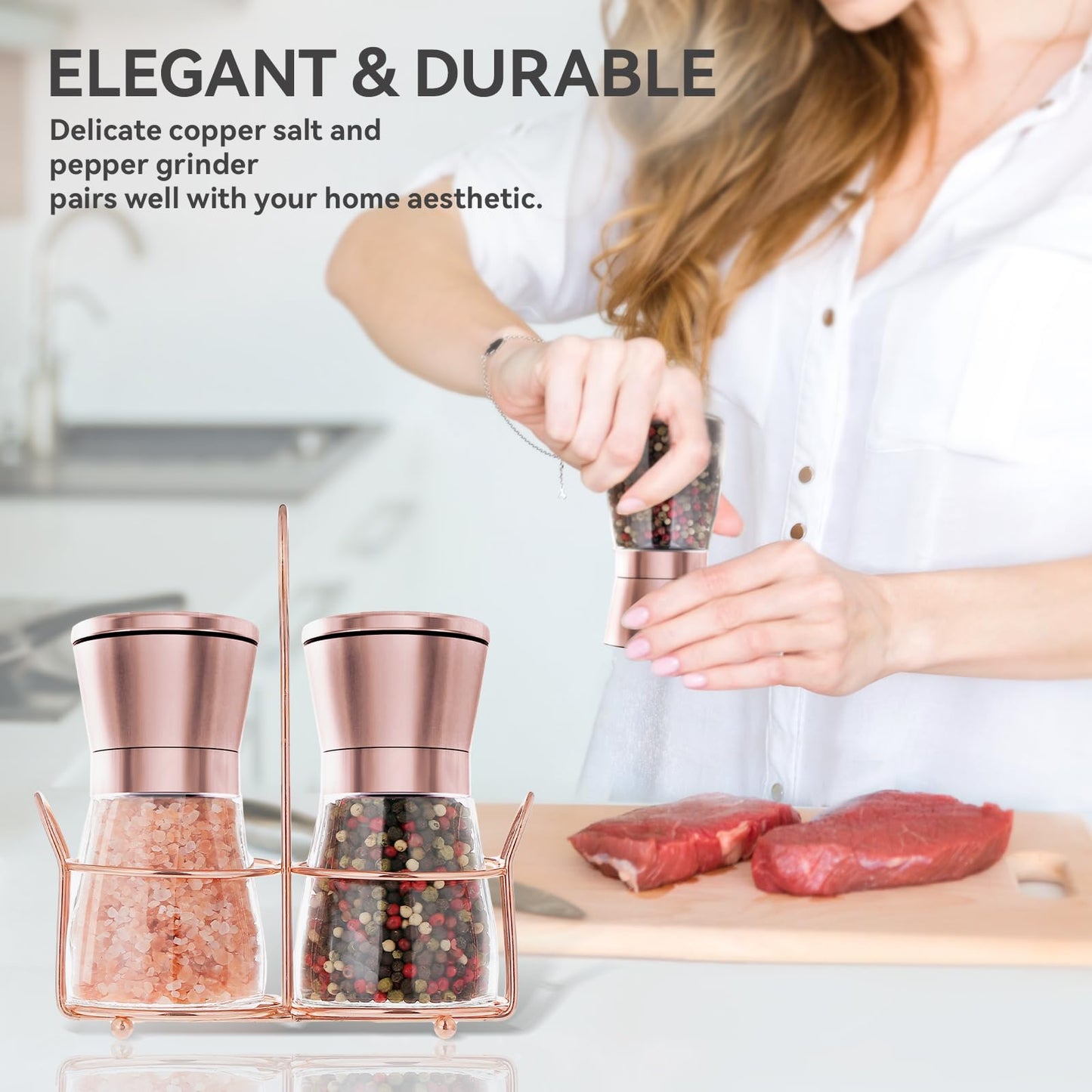 bonris Copper Stainless Steel Salt and Pepper Grinder Set Manual Himalayan Pink Salt Mill|Salt and Pepper Shakers with Adjustable Coarseness and Clear Glass Body (Pack of 2) (SHORT)