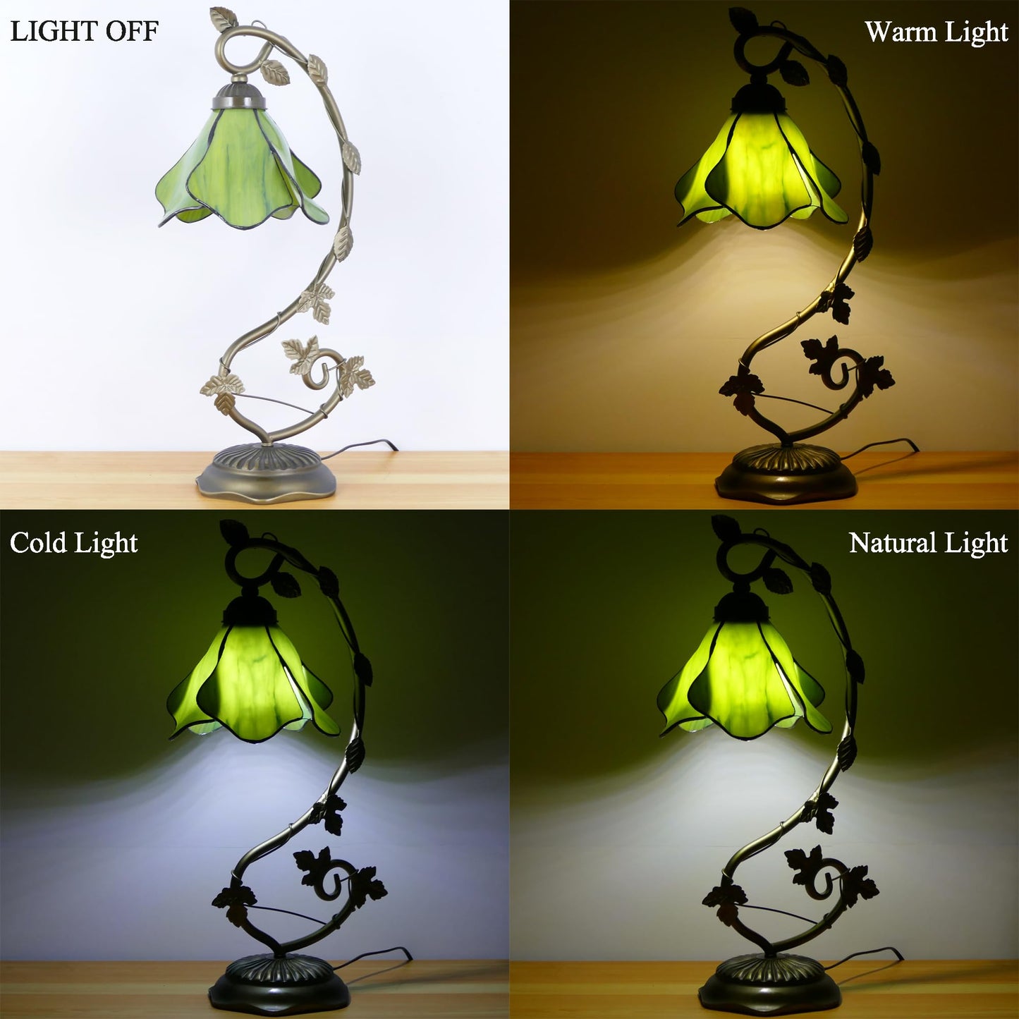 WFAYNTIFL Tiffany Table Lamp Green Yellow Morning Glory Style 8X10X21 Inch