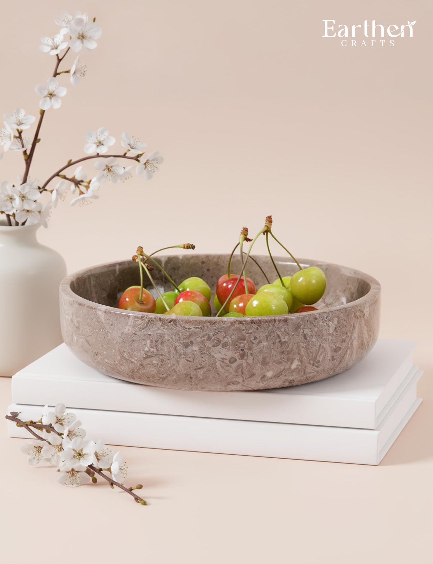 EARTHEN CRAFTS Marble Decorative Bowl 8" Inches Oceanic Handmade Large Fruits Holder for Kitchen Counter Serving, Modern key Bowl, Fruit Dish & Fruit Storage