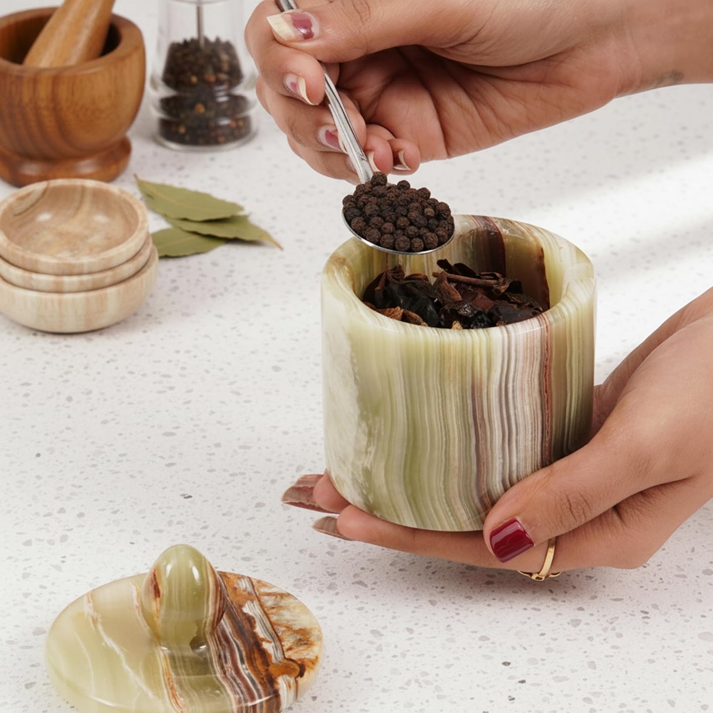 Green Onyx Salt Cellar with Lid 4 Inch – Handmade Natural Marble Salt Cellar, Kitchen Salt Container for Countertop, Refillable Salt Box for Cooking, Seasoning & Dining