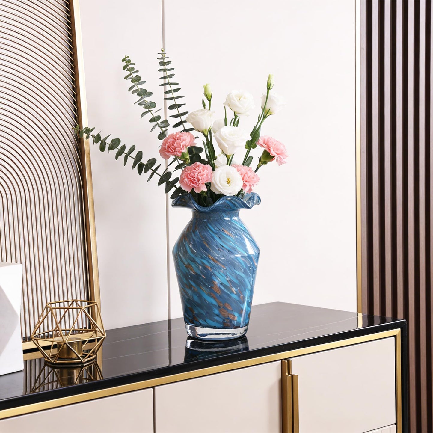 11in Blue Hand Blown Large Glass Vase - High-Waisted Rhombus Ruffle | Vases Home Decor, Blown Glass Centerpiece for Dining Room Table, Decorative Glass Flower Vase for Living Room Wedding (S)