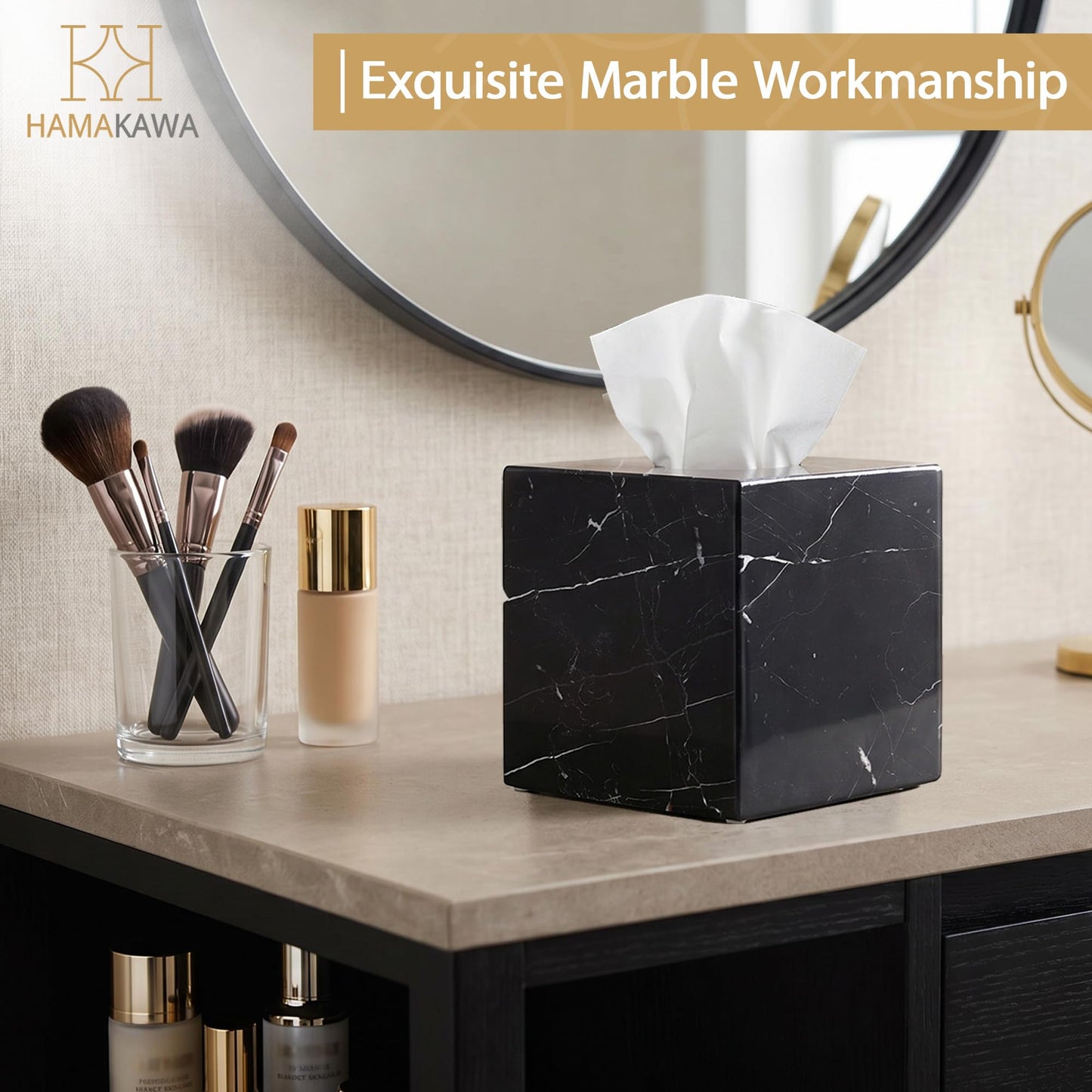 HAMAKAWA Natural Marble Tissue Box Cover, Black Tissue Organizer 6 x 6 x 5.7 inch, Heavy Stone Decorative Box, Square Tissue Box Holder for Home Decor, Kitchen, Bathroom, Bedroom
