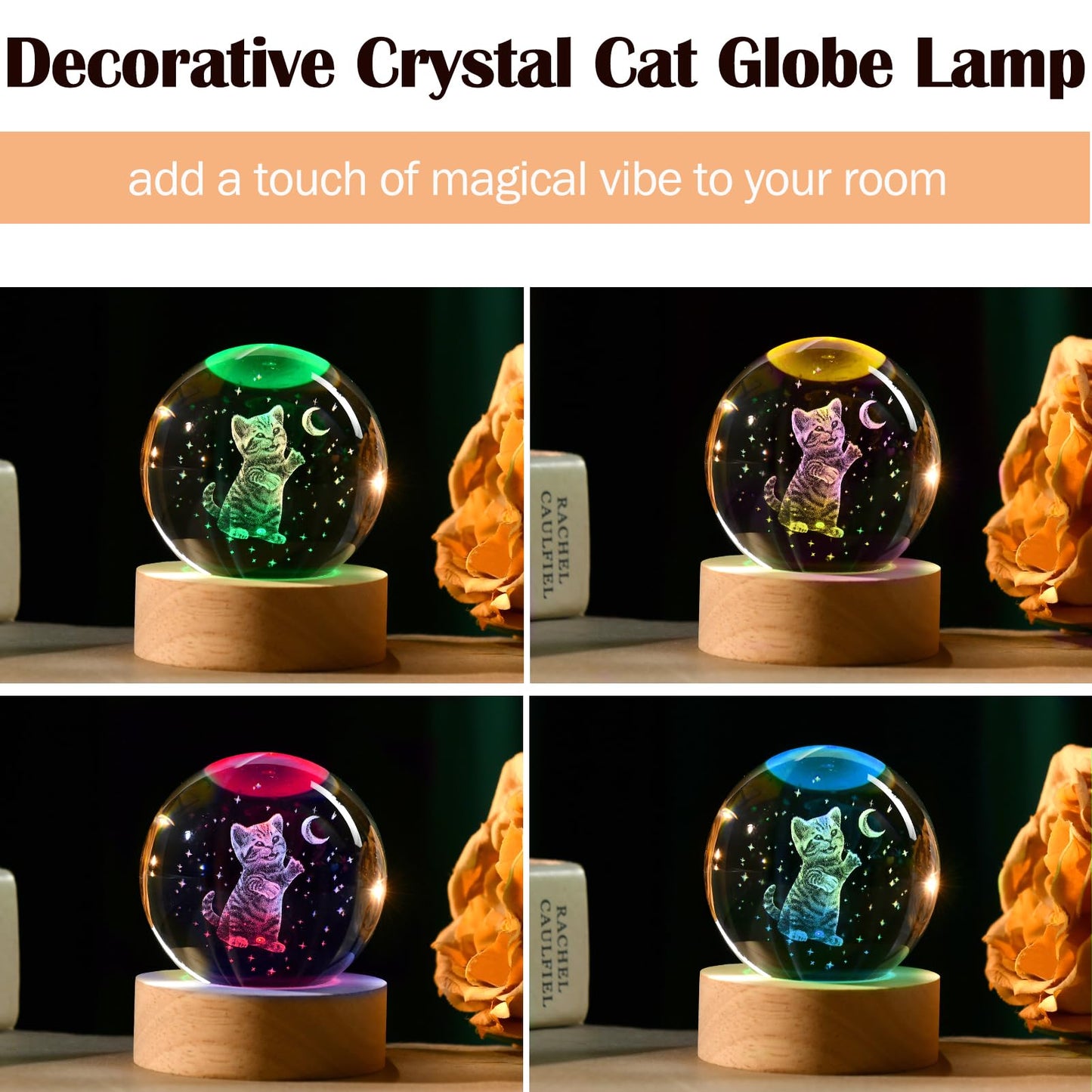 IFOLAINA Cat Lovers Gifts for Women 2.36" Crystal Ball with Wooden Light Base 3D Cat Themed Gifts for Mom Wife Friends Birthaday Mothers Day Crystal Decorative Globe Lamp Decor
